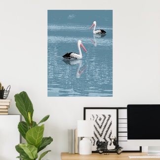 Pelican par Paddling på Lugn Blue Vatten Poster