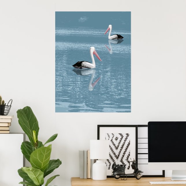 Pelican par Paddling på Lugn Blue Vatten Poster (Hemmakontoret)