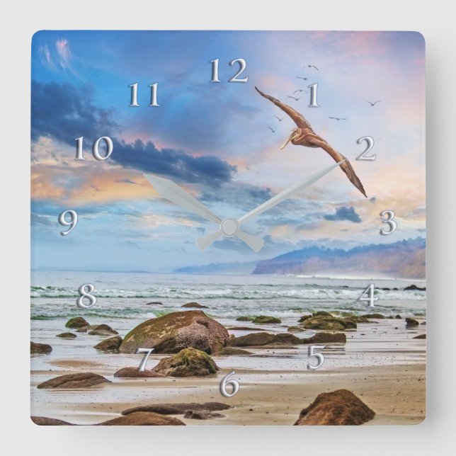 Pelican Patrol Beach Shoreline Fyrkantig Klocka (Framsida)