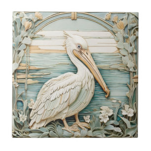 Pelican Sea Bird Art nouveau Faux R Relief Mint Kakelplatta