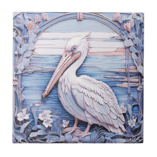 Pelican Sea Bird Art nouveau Faux Relief Lämnat Bl Kakelplatta
