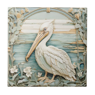 Pelican Sea Bird Art nouveau Faux Relief Mint Kakelplatta