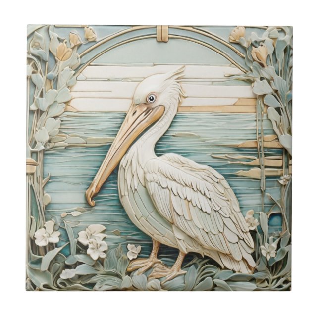 Pelican Sea Bird Art nouveau Faux Relief Mint Kakelplatta (Framsidan)