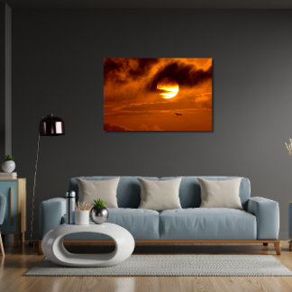Pelican Soaring at Sunrise - Orange Himmel Canvastryck