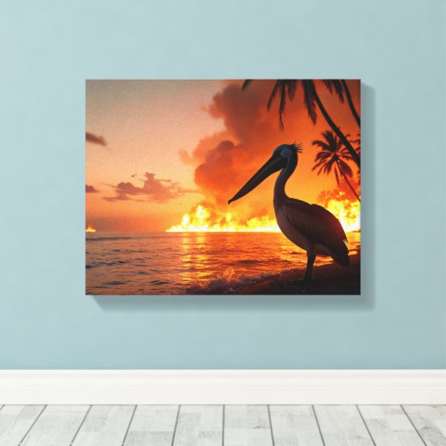Pelican Watching Coastal Inferno Canvastryck (Insitu (trägolv))