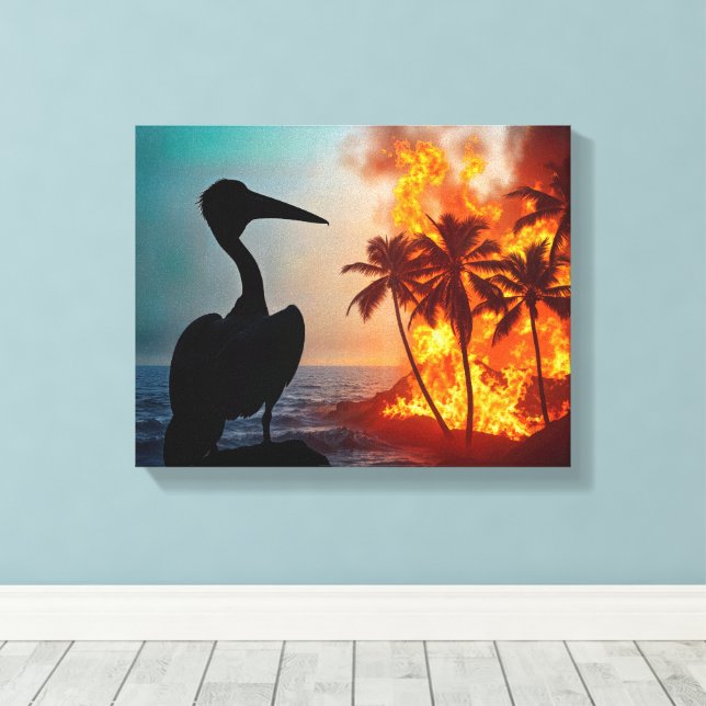 Pelican Watching Tropical Wildfire Canvastryck (Insitu (trägolv))