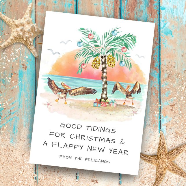 Pelicans & Handflatan Tropical Beach Coastal Jul Julkort (Skapare uppladdad)