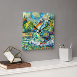 Pelikan i Wonderland Blommigt Grönt Blue Gult Fyrkantig Klocka