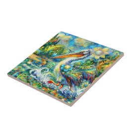 Pelikan i Wonderland Blommigt Grönt Blue Gult Kakelplatta