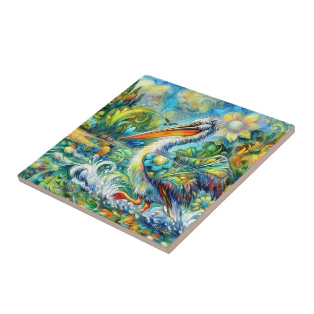 Pelikan i Wonderland Blommigt Grönt Blue Gult Kakelplatta (Sidan)