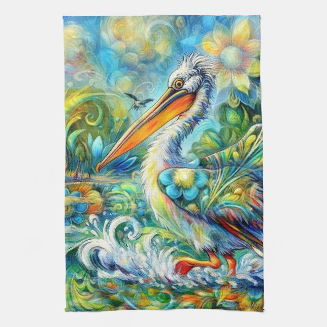 Pelikan i Wonderland Blommigt Grönt Blue Gult Kökshandduk (Vertikal)