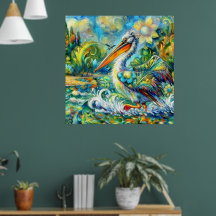 Pelikan i Wonderland Blommigt Grönt Blue Gult