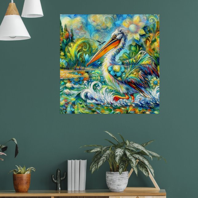 Pelikan i Wonderland Blommigt Grönt Blue Gult Poster (Vardagsrum 1)