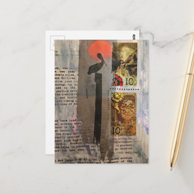 Pelikan mixed media collage vykort (Fram/Back In Situ)