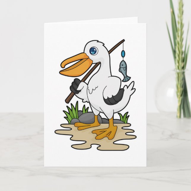 Pelikan som Fisher med fiskstav och fisk Kort (Framsida)