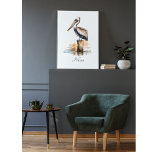 Pelikan står på en pola canvastryck<br><div class="desc">Vattenfärgning av en pelikan som står på en polack i vatten</div>