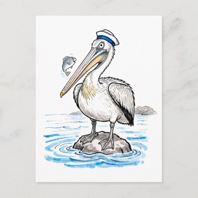 Pelikan Står Stolt på Klippa Bläck Illustration Vykort (Framsida)