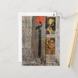 Pelikanfågel och frimärken blandad media collage vykort