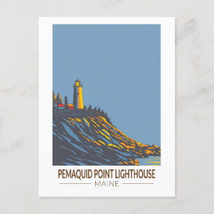Pemaquid Point fyr Maine Travel Art Vintage Vykort