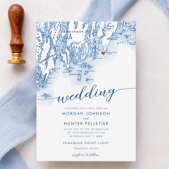 Pemaquid Point Light Bröllop Maine Karta Inbjudningar (Pemaquid Point Light Wedding Invitation Navy Blue Maine Map by Coastal Map Designs)