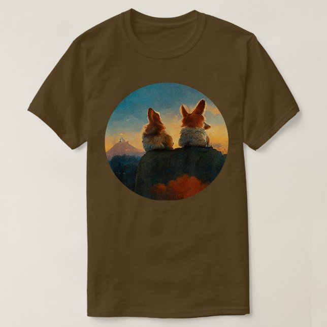 Pembroke Cardigan Welsh Corgi Hundar Sunset Watchi T Shirt (Design framsida)