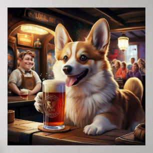 Pembroke Corgi Drinking en öl vid Pub Poster