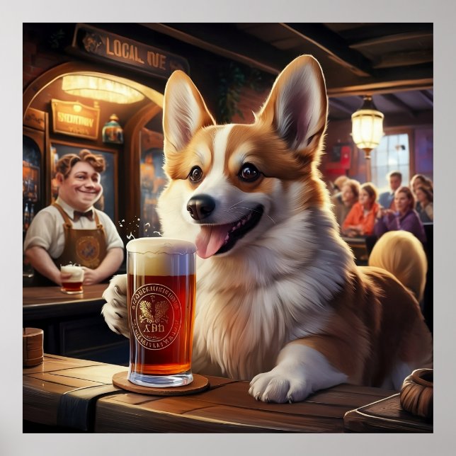 Pembroke Corgi Drinking en öl vid Pub Poster (Framsidan)