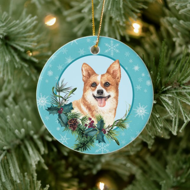 Pembroke Corgi Evergreen Blue Snowflake Gräns Julgransprydnad Keramik (Träd)