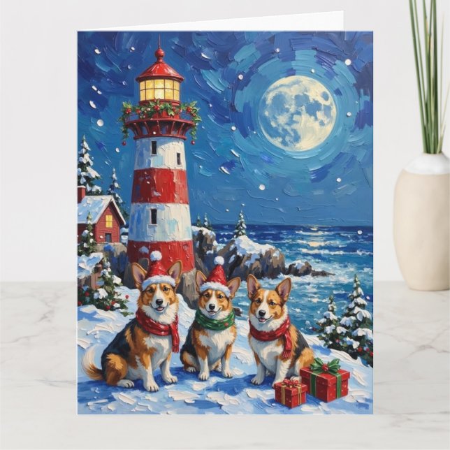 Pembroke Welsh Corgi Christmas Lighthouse Holiday Kort (Framsida)