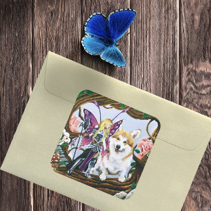 Pembroke Welsh Corgi Fairy Fantasy Fyrkantigt Klistermärke