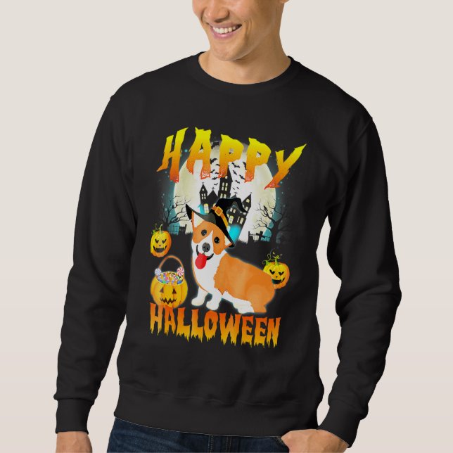 Pembroke Welsh Corgi Happy halloween T Lång Ärmad Tröja (Framsida)