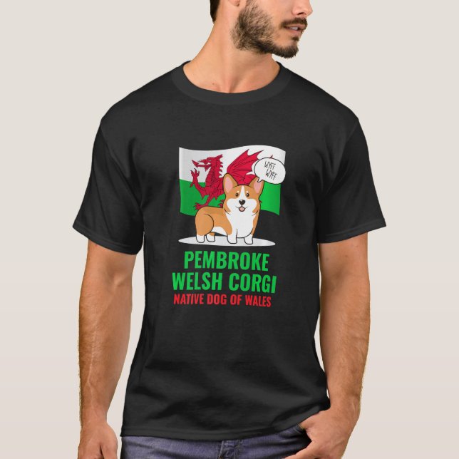 Pembroke Welsh Corgi Hund Barking Wales Flagga T Shirt (Framsida)