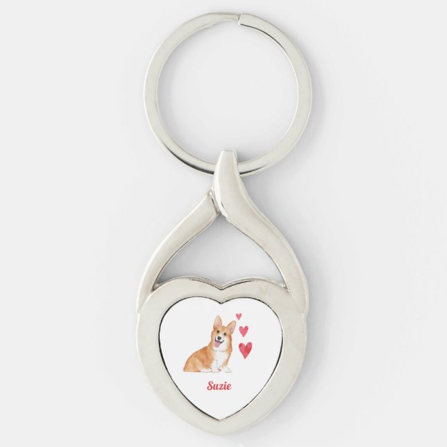 Pembroke Welsh Corgi Hund eget namn Twisted Heart Silverfärgad Nyckelring (Framsidan)