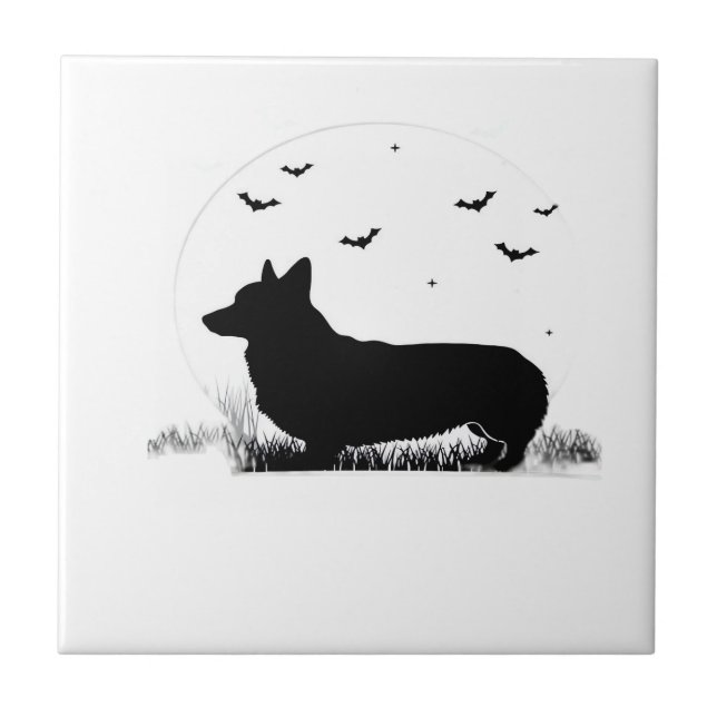 Pembroke Welsh Corgi Hund ? Halloween Moon Silhuet Kakelplatta (Framsidan)