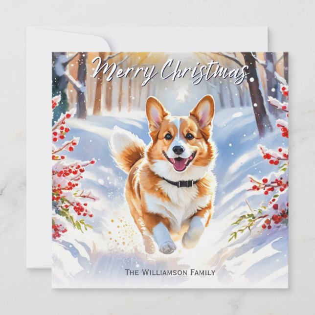 Pembroke Welsh Corgi Hund I Snö jul Julkort (Framsida)
