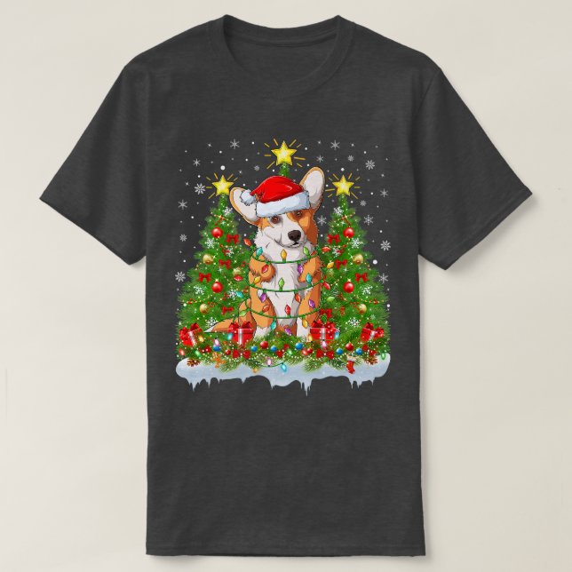 Pembroke Welsh Corgi Hund Lighting Julafton Träd C T Shirt (Design framsida)