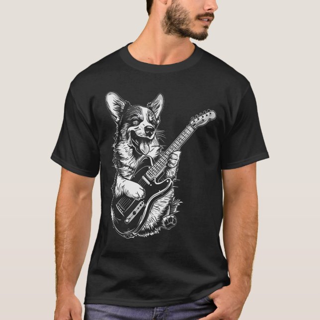 Pembroke Welsh Corgi Hund spelar elgitarr D T Shirt (Framsida)