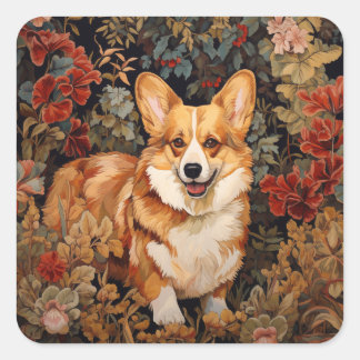 Pembroke Welsh Corgi i en viktoriansk Blomsterträd Fyrkantigt Klistermärke