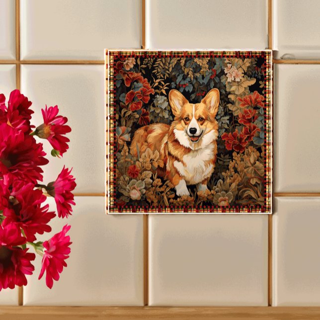 Pembroke Welsh Corgi i en viktoriansk Blomsterträd Kakelplatta (Skapare uppladdad)
