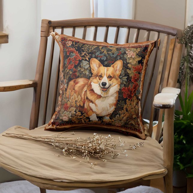 Pembroke Welsh Corgi i en viktoriansk Blomsterträd Kudde (Skapare uppladdad)