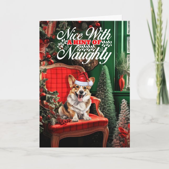 Pembroke Welsh Corgi jul Hund Naughty Nice Helgkort (Framsida)