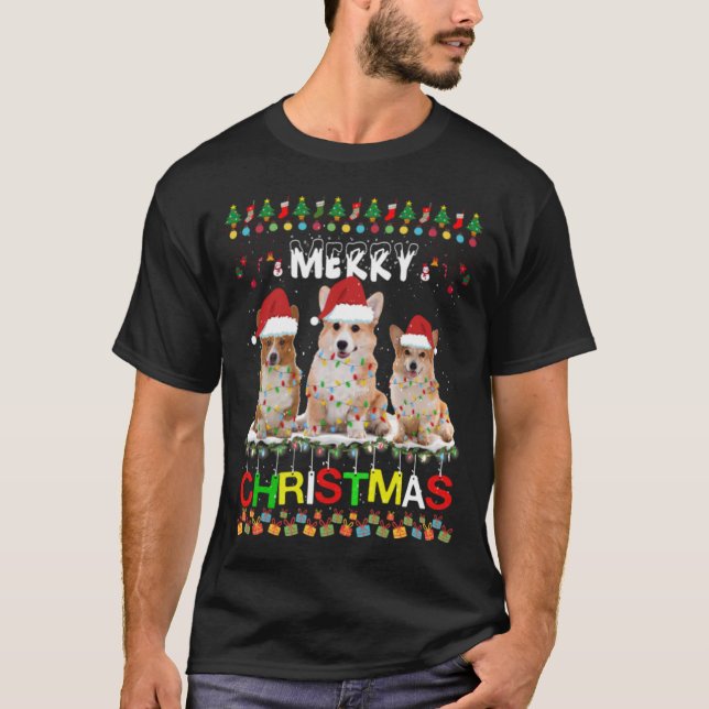 Pembroke Welsh Corgi Julgran Light Julafton T Shirt (Framsida)