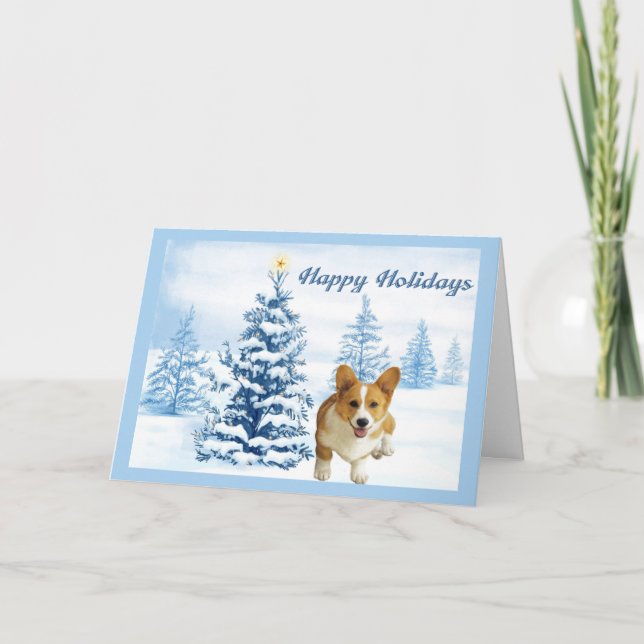 Pembroke Welsh Corgi-julkort blått Träd Helgkort (Framsida)