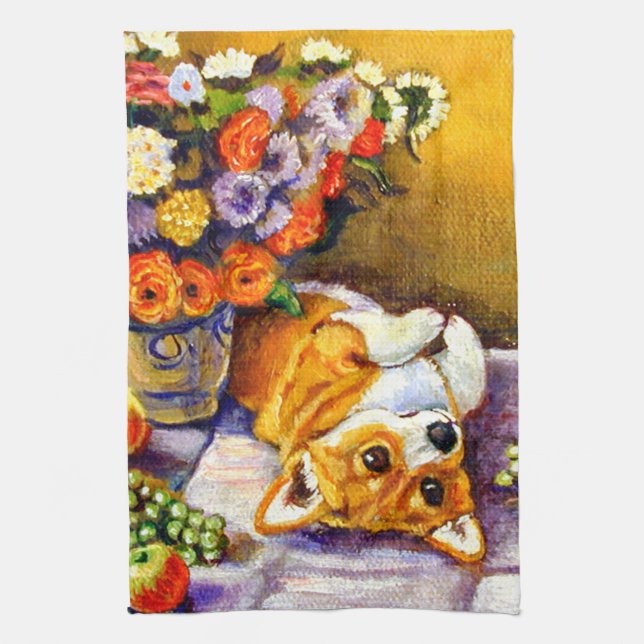 Pembroke Welsh Corgi Kitchen Towel Blommigt Kökshandduk (Vertikal)