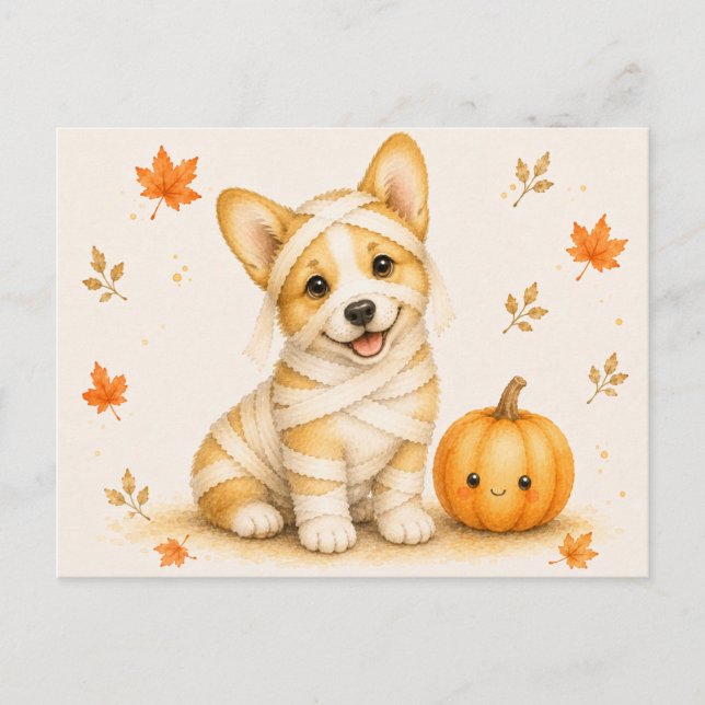 Pembroke Welsh Corgi-mumie Halloween Vykort (Framsida)