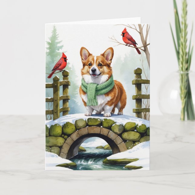 Pembroke Welsh Corgi på Snowy Bridge Winter Kort (Framsida)