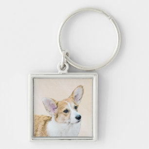 Pembroke Welsh Corgi Painting - Original Hund Art Fyrkantig Silverfärgad Nyckelring