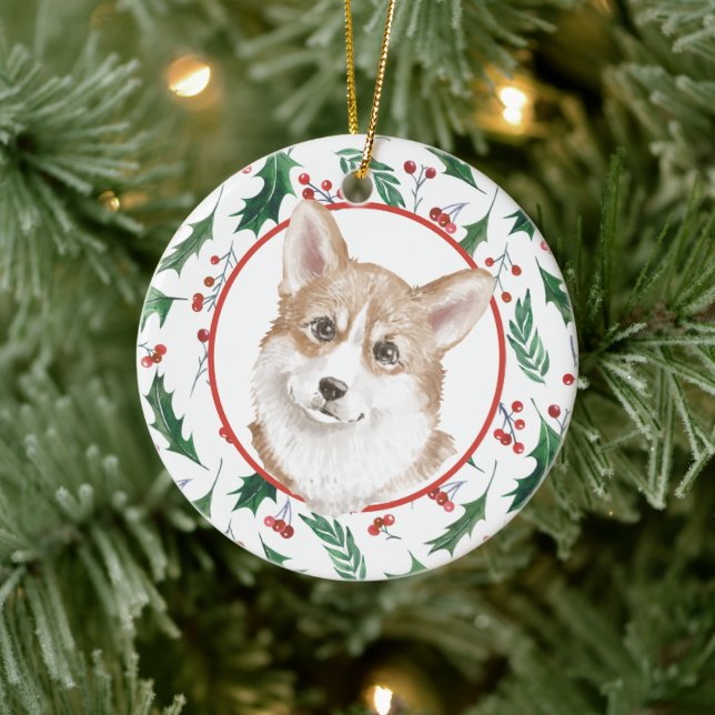 Pembroke Welsh Corgi Red Berry Holly Gräns Julgransprydnad Keramik (Träd)