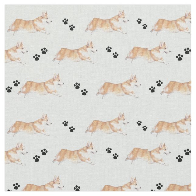 Pembroke Welsh Corgi Running Hund Art Fabric Tyg (Närbild)