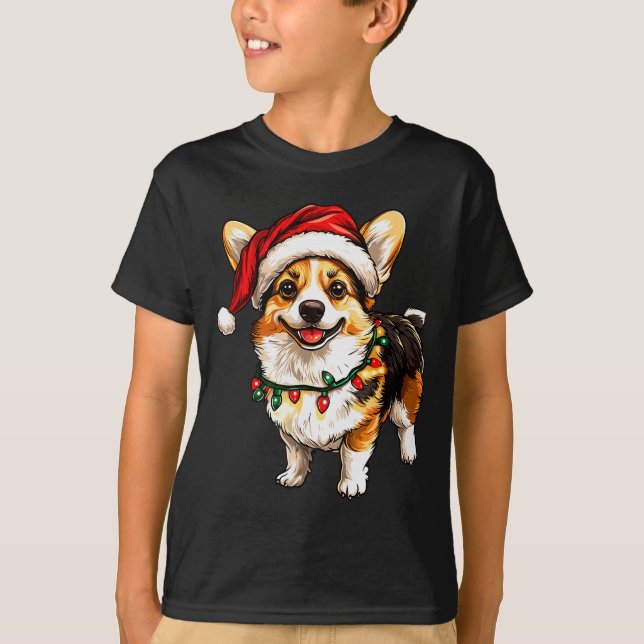 Pembroke Welsh Corgi Santa Christmas Tree Lights X T Shirt (Framsida)
